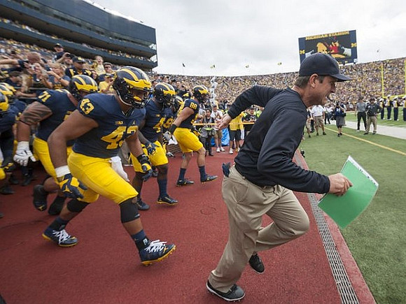 Ben Braden (71), Chris Wormley (43), De'Veon Smith (4), Jake Butt (88), and Jim Harbaugh