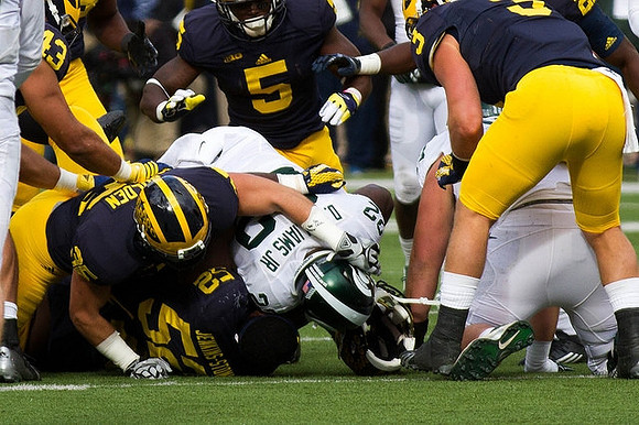 Ben Gedeon (42), Royce Jenkins-Stone (52), Jabrill Peppers (5), and Desmond Morgan (3)