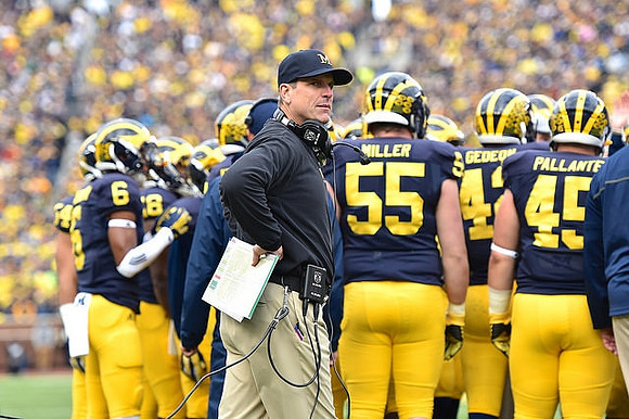 Keith Washington (6), Jim Harbaugh, Garrett Miller (55), Ben Gedeon (42), and Brady Pallante (45)