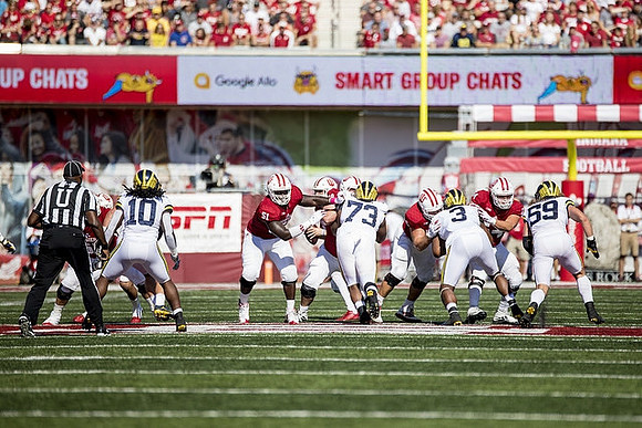 Devin Bush (10), Maurice Hurst (73), Rashan Gary (3), and Noah Furbush (59)