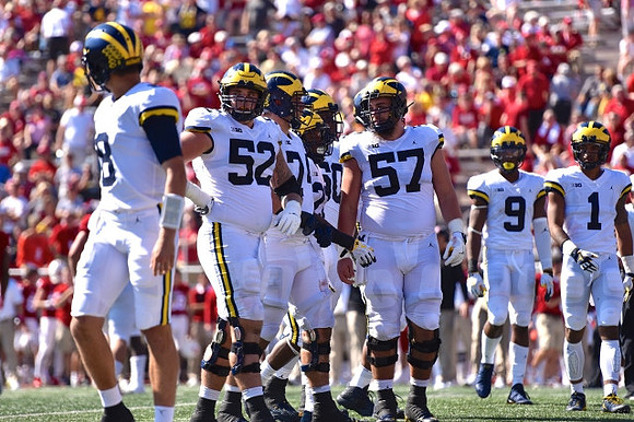 John O'Korn (8), Mason Cole (52), Ben Bredeson (74), Patrick Kugler (57), Donovan Peoples-Jones (9), and Kekoa Crawford (1)