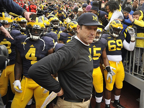 De'Veon Smith (4), Jim Harbaugh, James Ross (15), and Willie Henry (69)