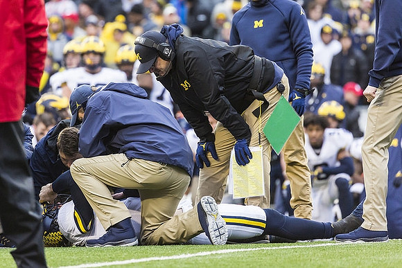 Jim Harbaugh and Brandon Peters (18)