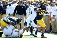 Mason Cole (52), Ty Isaac (32), and Jim Harbaugh