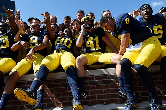 Rashan Gary (3), Mike McCray (9), Khalid Hill (80), Michael Hirsch (41), John O'Korn (8), and Maurice Ways (85)