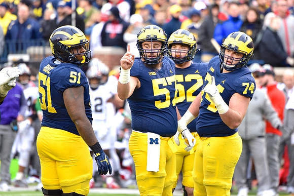 Cesar Ruiz (51), Patrick Kugler (57), Mason Cole (52), and Ben Bredeson (74)