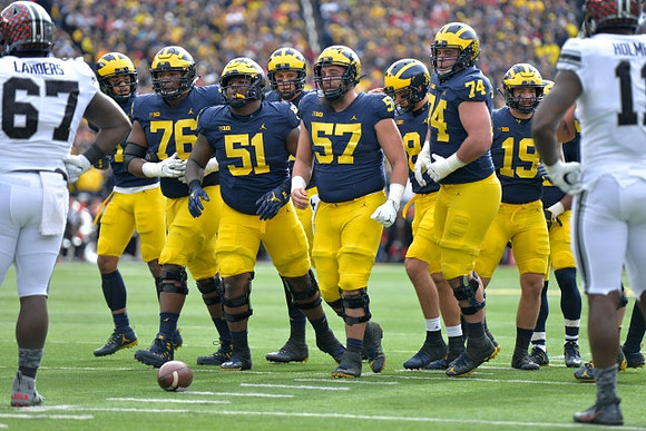 Juwann Bushell-Beatty (76), Cesar Ruiz (51), Patrick Kugler (57), John O'Korn (8), Ben Bredeson (74), and Henry Poggi (19)
