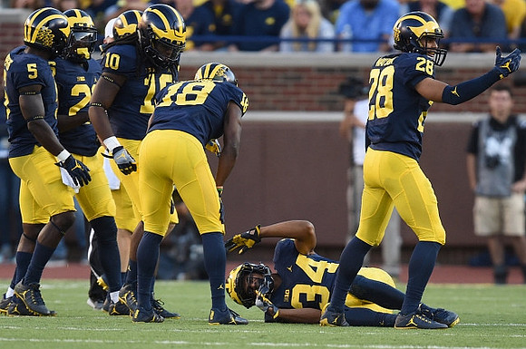Jabrill Peppers (5), Jourdan Lewis (26), Devin Bush (10), AJ Pearson (18), Jeremy Clark (34), and Brandon Watson (28)
