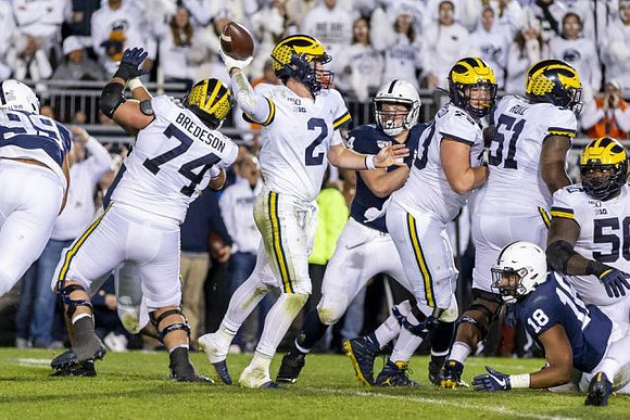 Ben Bredeson (74), Shea Patterson (2), Jalen Mayfield (73), Cesar Ruiz (51), and Michael Onwenu (50)