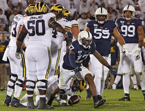 Jalen Mayfield (73), Michael Onwenu (50), Ben Bredeson (74), and Shea Patterson (2)