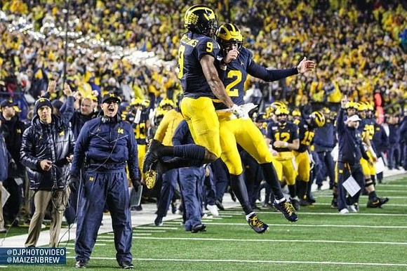 Jim Harbaugh, Donovan Peoples-Jones (9), and Shea Patterson (2)