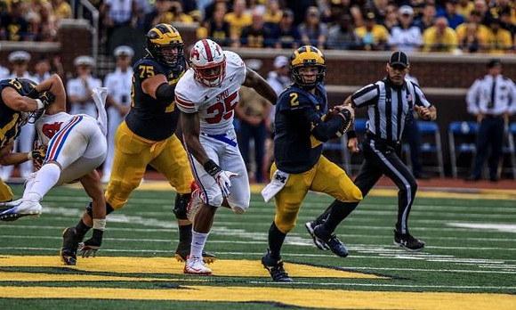Tru Wilson (13), Jon Runyan Jr. (75), and Shea Patterson (2)