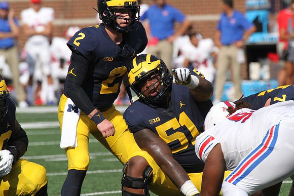Shea Patterson (2), Cesar Ruiz (51), and Ben Bredeson (74)