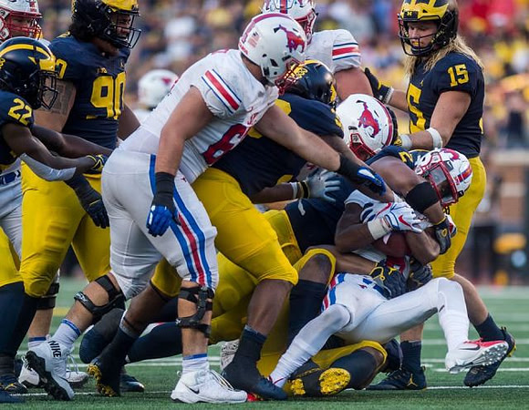 David Long (22), Bryan Mone (90), Rashan Gary (3), Carlo Kemp (2), and Chase Winovich (15)