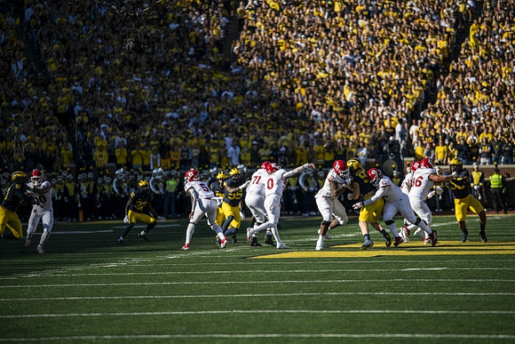 Taylor Upshaw (91), Gemon Green (22), David Ojabo (55), Aidan Hutchinson (97), and Mazi Smith (58)