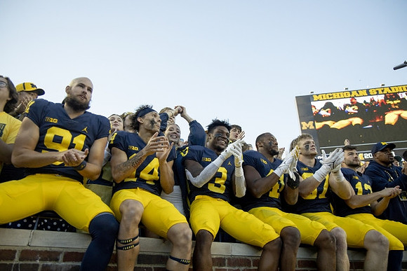 Brad Robbins (91), Roman Wilson (14), A.J. Henning (3), Nikhai Hill-Green (41), Aidan Hutchinson (97), and Jake Moody (13)