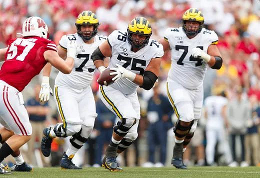 Jalen Mayfield (73), Jon Runyan Jr. (75), and Ben Bredeson (74)