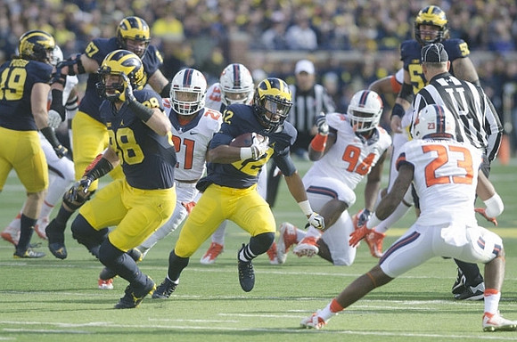 Henry Poggi (19), Jake Butt (88), Kyle Kalis (67), Chris Evans (12), and Mason Cole (52)