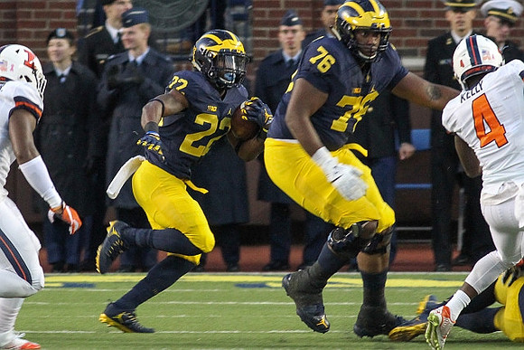 Karan Higdon (22) and Juwann Bushell-Beatty (76)