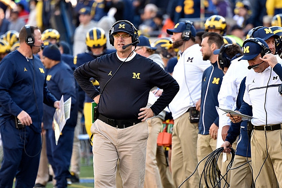 Tim Drevno, Jim Harbaugh, Don Brown, and Greg Mattison