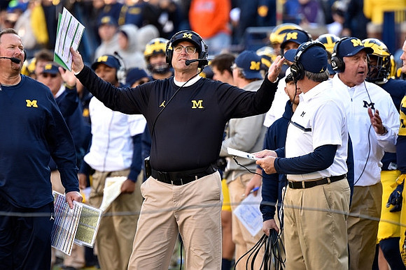 Tim Drevno, Jim Harbaugh, Don Brown, and Greg Mattison