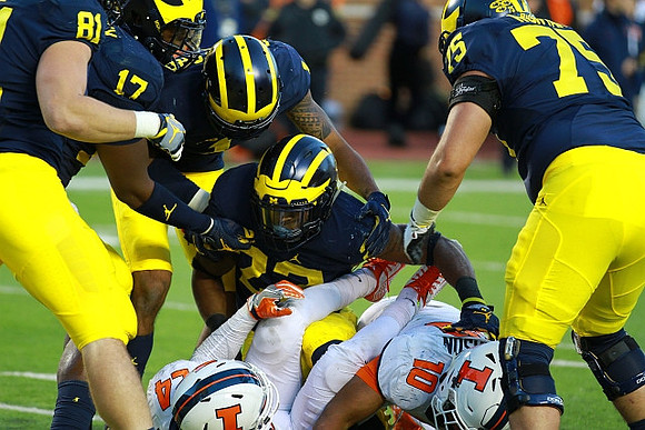 Michael Jocz (81), Tyrone Wheatley Jr. (17), Tyree Kinnel (23), and Jon Runyan Jr. (75)