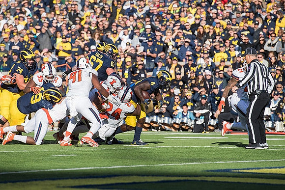Ben Bredeson (74), Henry Poggi (19), Kyle Kalis (67), and De'Veon Smith (4)