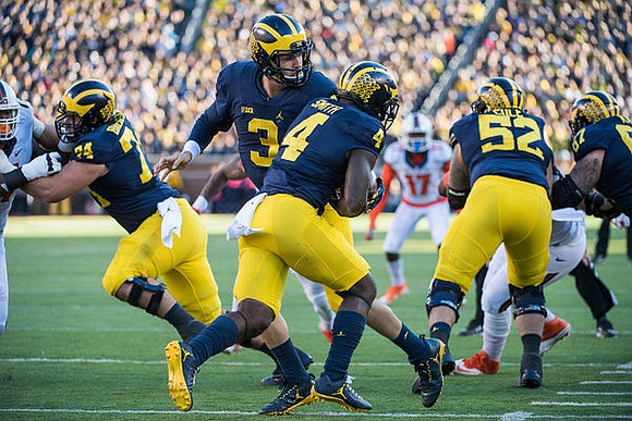 Ben Bredeson (74), Wilton Speight (3), De'Veon Smith (4), Mason Cole (52), and Kyle Kalis (67)