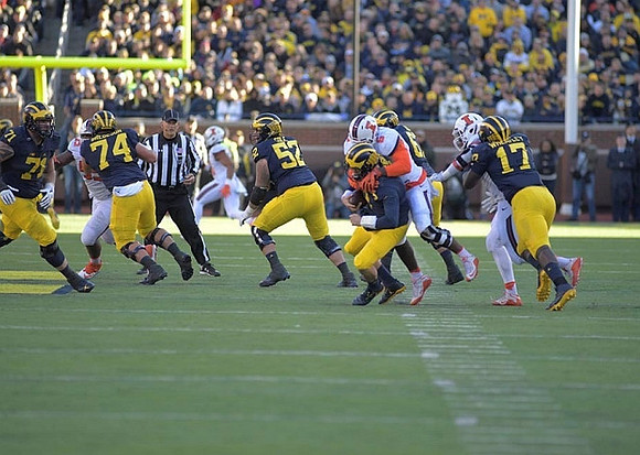 Ben Braden (71), Ben Bredeson (74), Mason Cole (52), Wilton Speight (3), and Tyrone Wheatley Jr. (17)