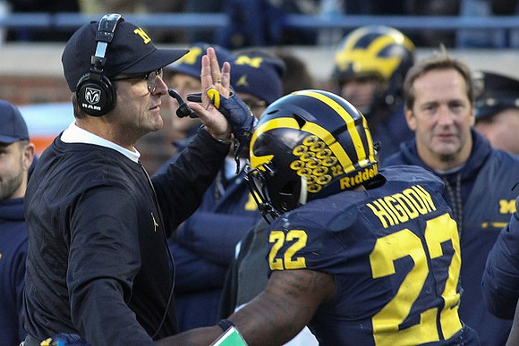 Jim Harbaugh and Karan Higdon (22)