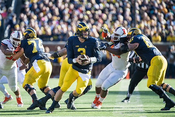 Ben Bredeson (74), Wilton Speight (3), and Kyle Kalis (67)
