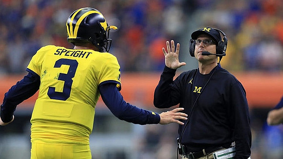 Wilton Speight (3) and Jim Harbaugh
