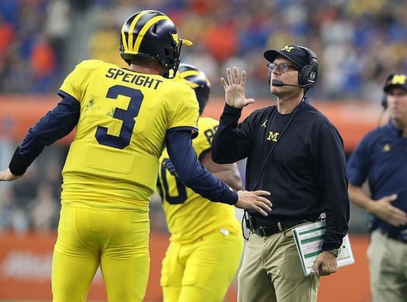Wilton Speight (3), Khalid Hill (80), and Jim Harbaugh