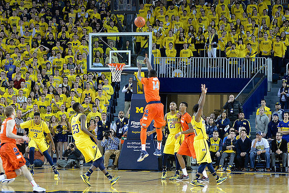 Kameron Chatman (3), Caris LeVert (23), Zak Irvin (21), and Derrick Walton Jr. (10)
