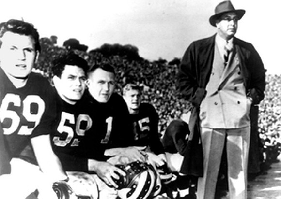 1947 Season-Southern California: Joe Soboleski (69), Daniel Dworsky (59), Alvin Wistert (11), Peter Elliott (45), and Fritz Crisler