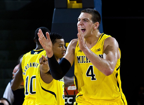 Tim Hardaway Jr. (10), Trey Burke (3), and Mitch McGary (4)