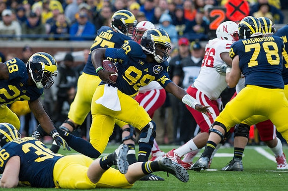 Fitzgerald Toussaint (28), Joe Kerridge (36), Taylor Lewan (77), Devin Gardner (98), and Erik Magnuson (78)