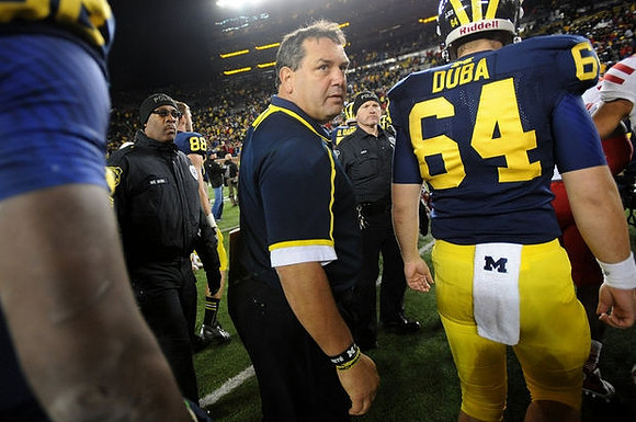 Jake Butt (88), Brady Hoke, and Brandon Duba (64)