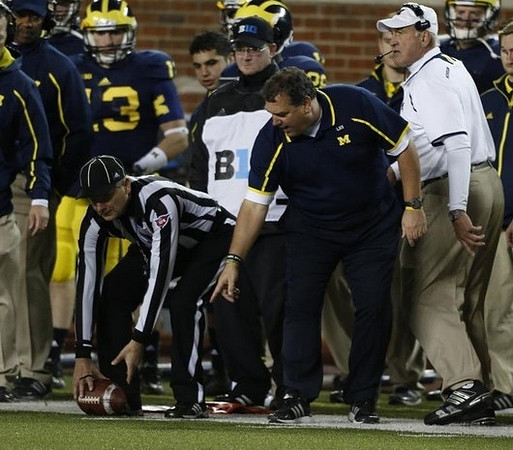 Alex Swieca (13), Brady Hoke, and Greg Mattison