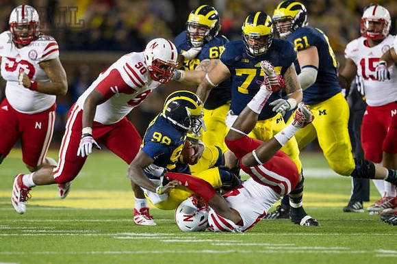 Devin Gardner (98), Kyle Bosch (65), Taylor Lewan (77), and Graham Glasgow (61)