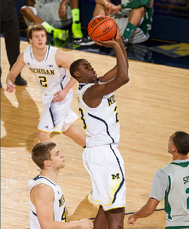 Max Bielfeldt (44), Caris LeVert (23), and Spike Albrecht (2)