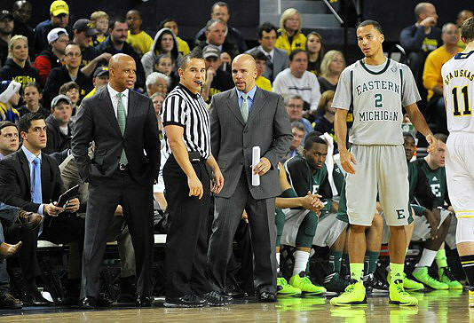 Eastern Michigan Head Coach Rob Murphy and Nik Stauskas (11)