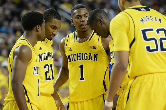 Derrick Walton Jr. (10), Zak Irvin (21), Glenn Robinson III (1), Caris LeVert (23), and Jordan Morgan (52)