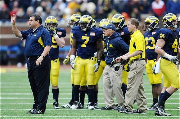 Brady Hoke, Will Heininger (39), Brandin Hawthorne (7), Zac Johnson (36), Josh Furman (14), Floyd Simmons (23), and Desmond Morgan (44)