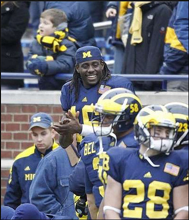 Denard Robinson (16), Russell Bellomy (3), Brandon Herron (58), Floyd Simmons (23), and Matthew Cavanaugh (28)