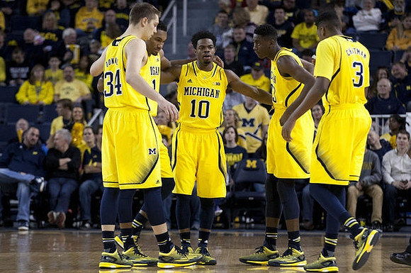 Mark Donnal (34), Zak Irvin (21), Derrick Walton Jr. (10), Caris LeVert (23), and Kameron Chatman (3)