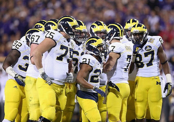 De'Veon Smith (32), Kyle Kalis (67), Michael Schofield (75), Shane Morris (7), Graham Glasgow (61), and Devin Funchess (87)