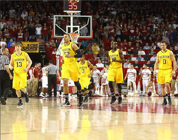 Matt Vogrich (13), Jordan Morgan (52), Trey Burke (3), Tim Hardaway Jr. (10), and Zack Novak (0)