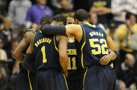 Caris LeVert (23), Glenn Robinson III (1), Nik Stauskas (11), and Jordan Morgan (52)