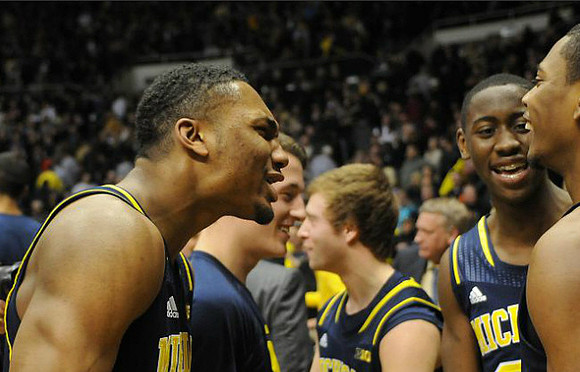 Zak Irvin (21), Andrew Dakich (5), Spike Albrecht (2), Caris LeVert (23), and Glenn Robinson III (1)